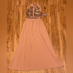 Morgan & Co. women’s 1 XS dress gown maxi rose gold pink Sequin Prom formal NWT